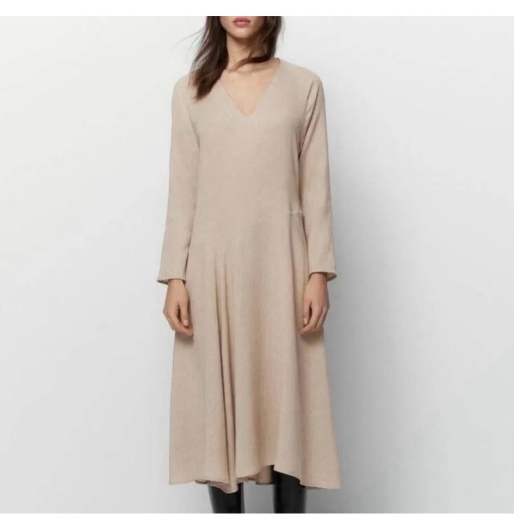 Massimo Dutti Tan Maxi Dress Long Sleeve V-Neck A-Line, S